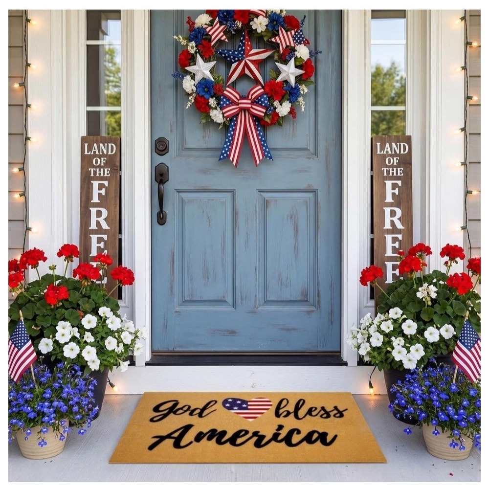 Gid Bless America Patriotic Doormat Non-Slip Rubber Mat for Indoor Outdoor Home